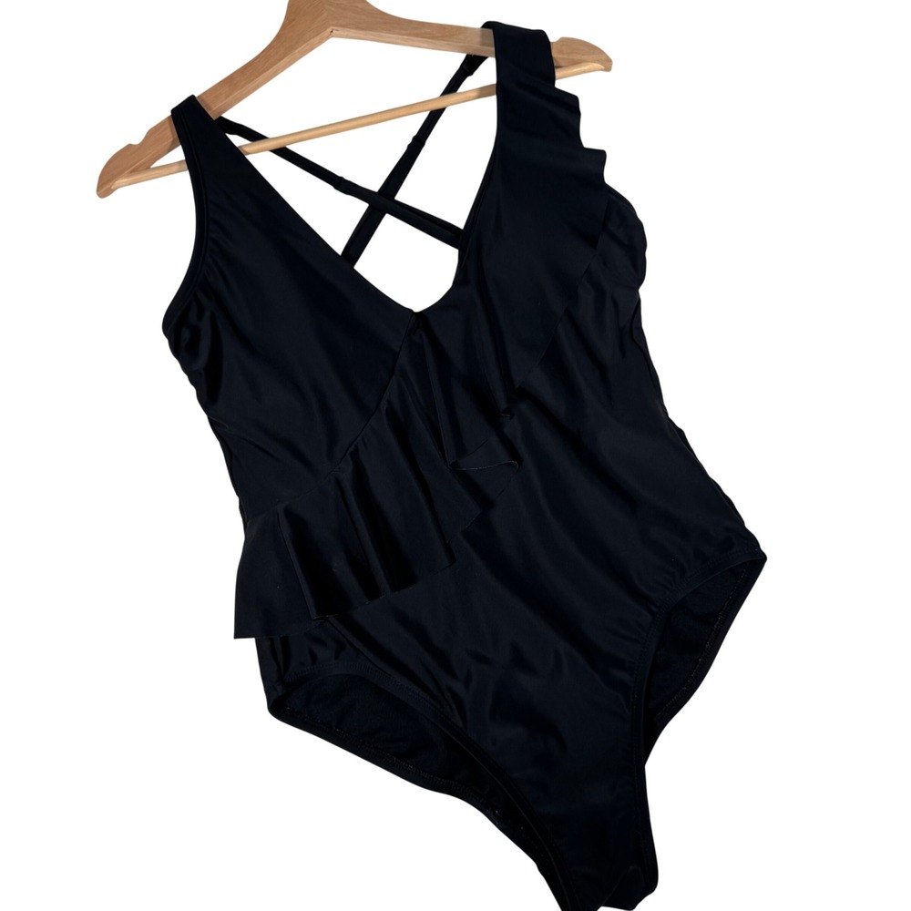 Kona Sol Womens Black‎ Ruffle V-Neck One Piece Swimsuit Size M F16953912